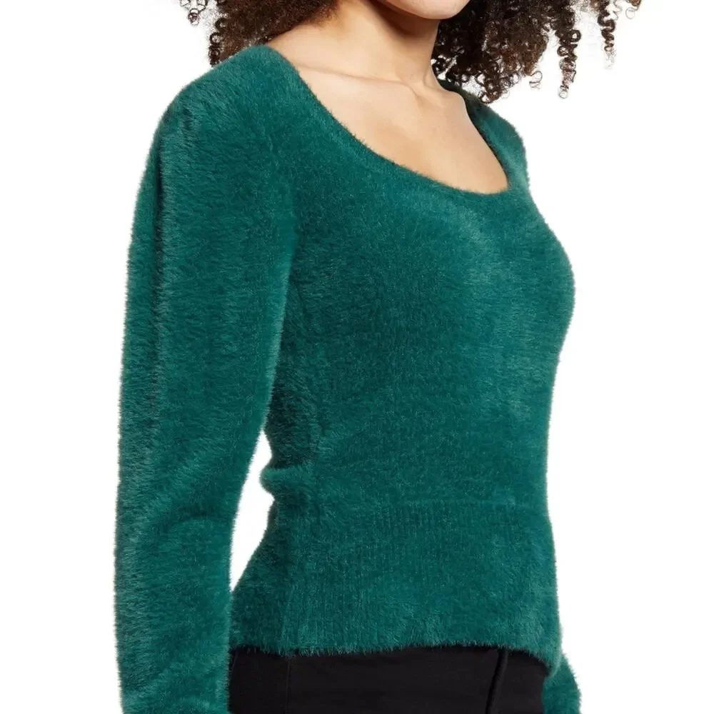ASTR The Label Fuzzy Crop Sweater Green Size Large - Picture 4 of 12